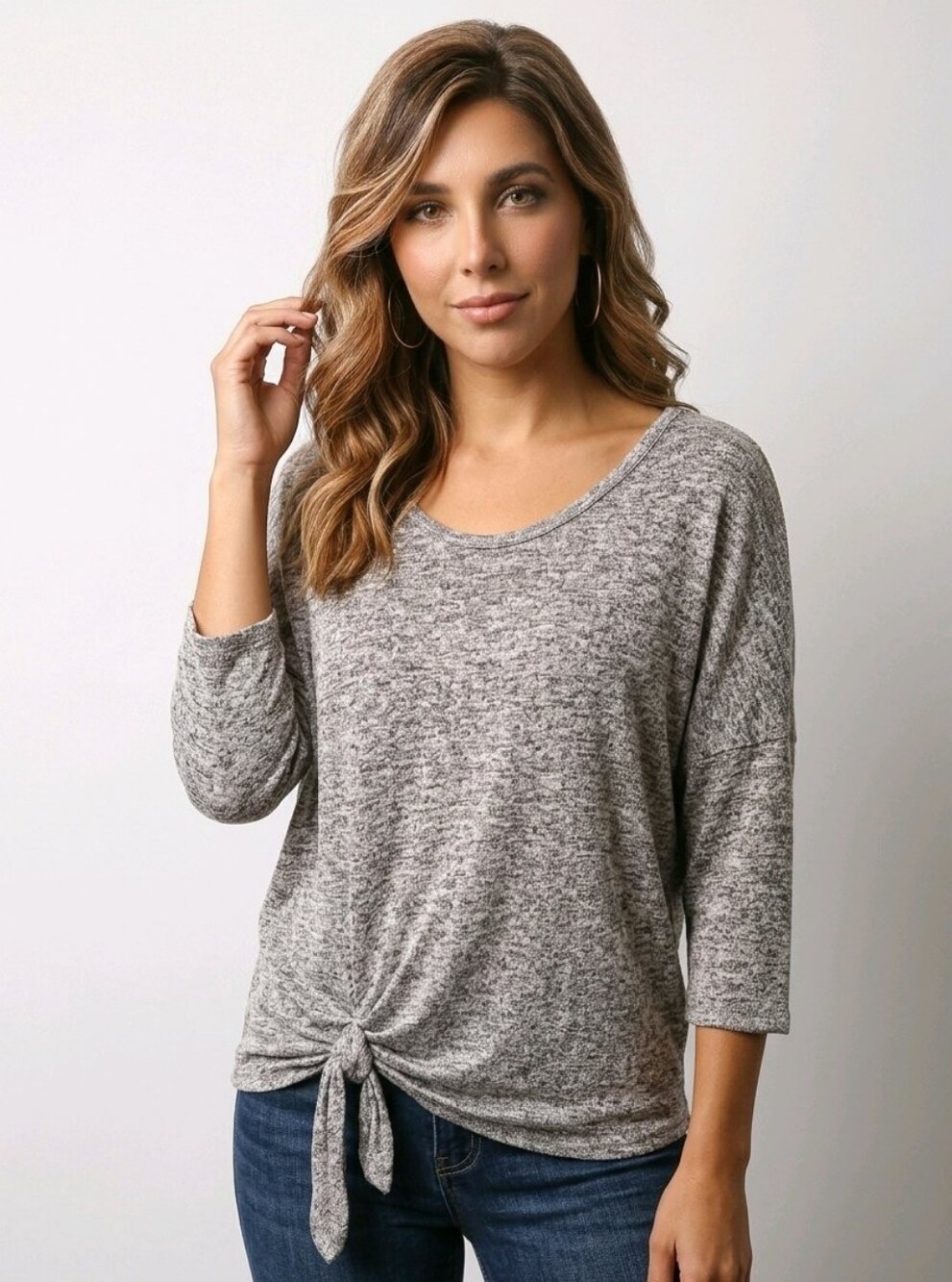 PerSeption Concept Gray-Taupe Knot-Front Top